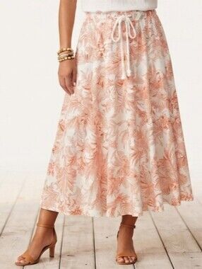 Sz S Rayon Linen Cream Skirt with Coral Floral Print
